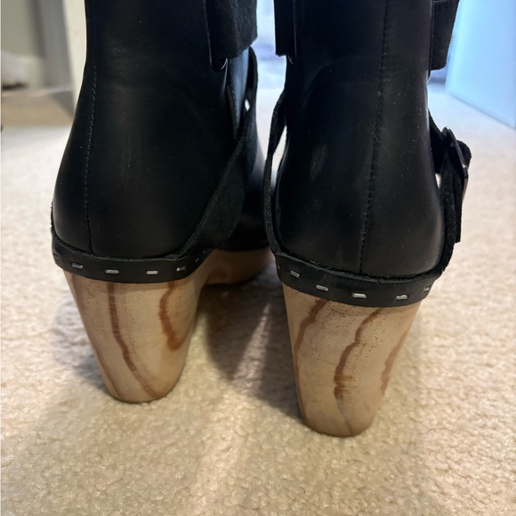 Free People Black Leather Clog Booties with Wood Platform - Picture 4 of 5